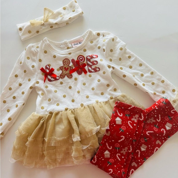 Little Lass Gold Polka Dot and Red Gingerbread Accent Top with Bottoms Size 3T - Picture 1 of 7